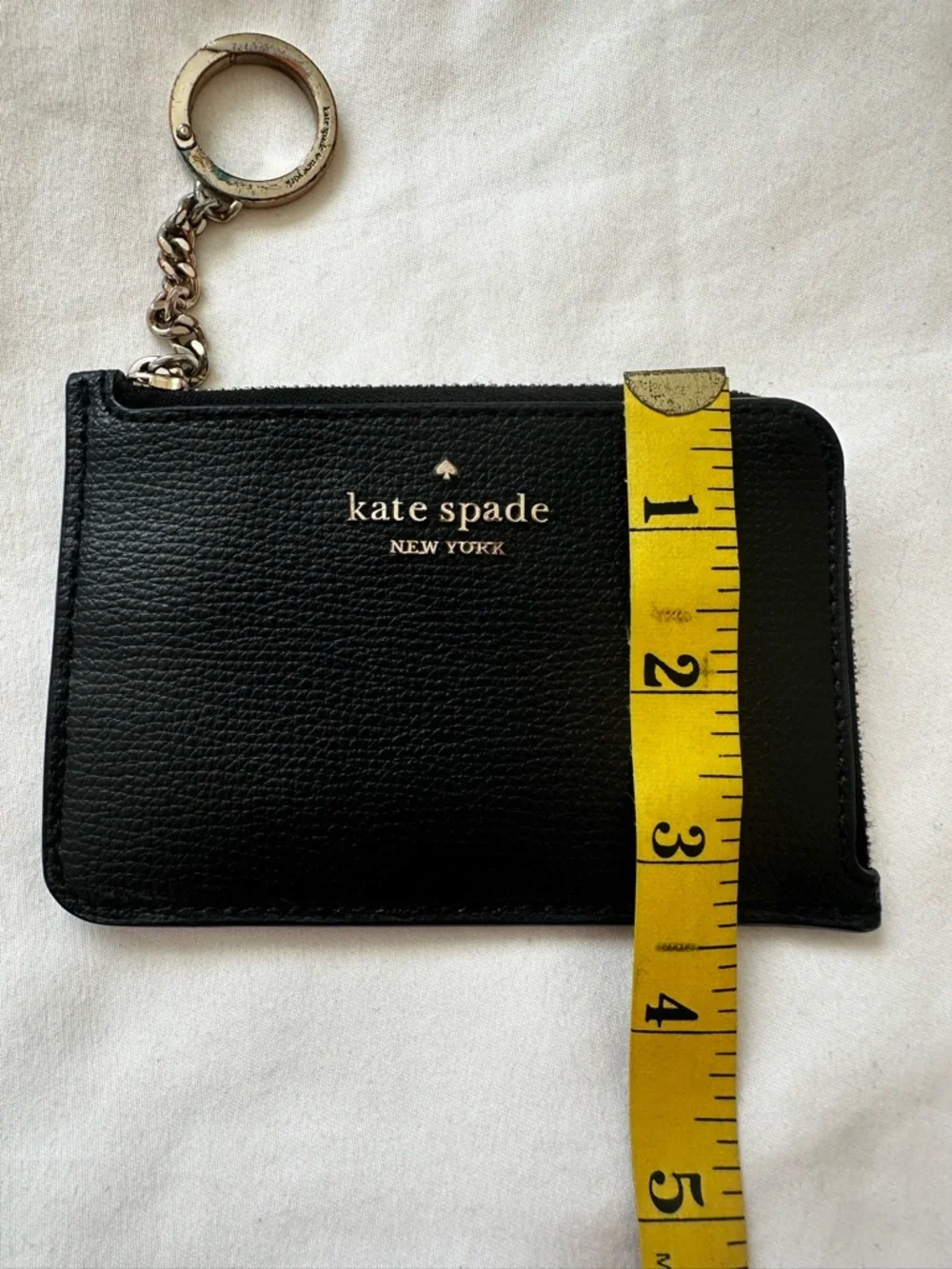 KATE SPADE Black Leather Zip Card Holder Coin Purse Keychain Key Ring Wallet